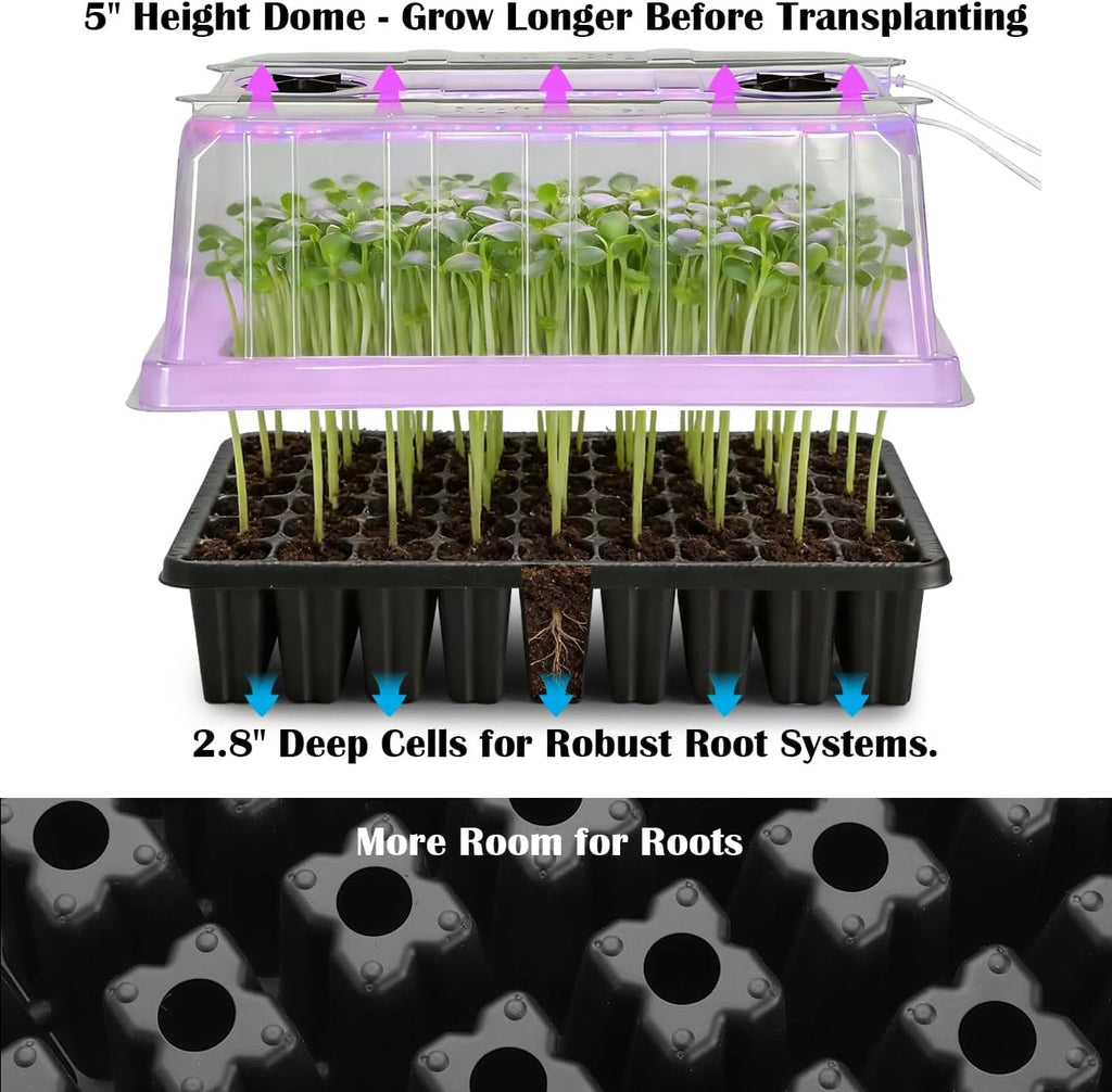 3-Pack Seed Starter Trays with Grow Lights, 5" Tall Humidity Dome & 54-Cell | 2.8" Deep Cells, 96 LEDs per Set, 3 Light