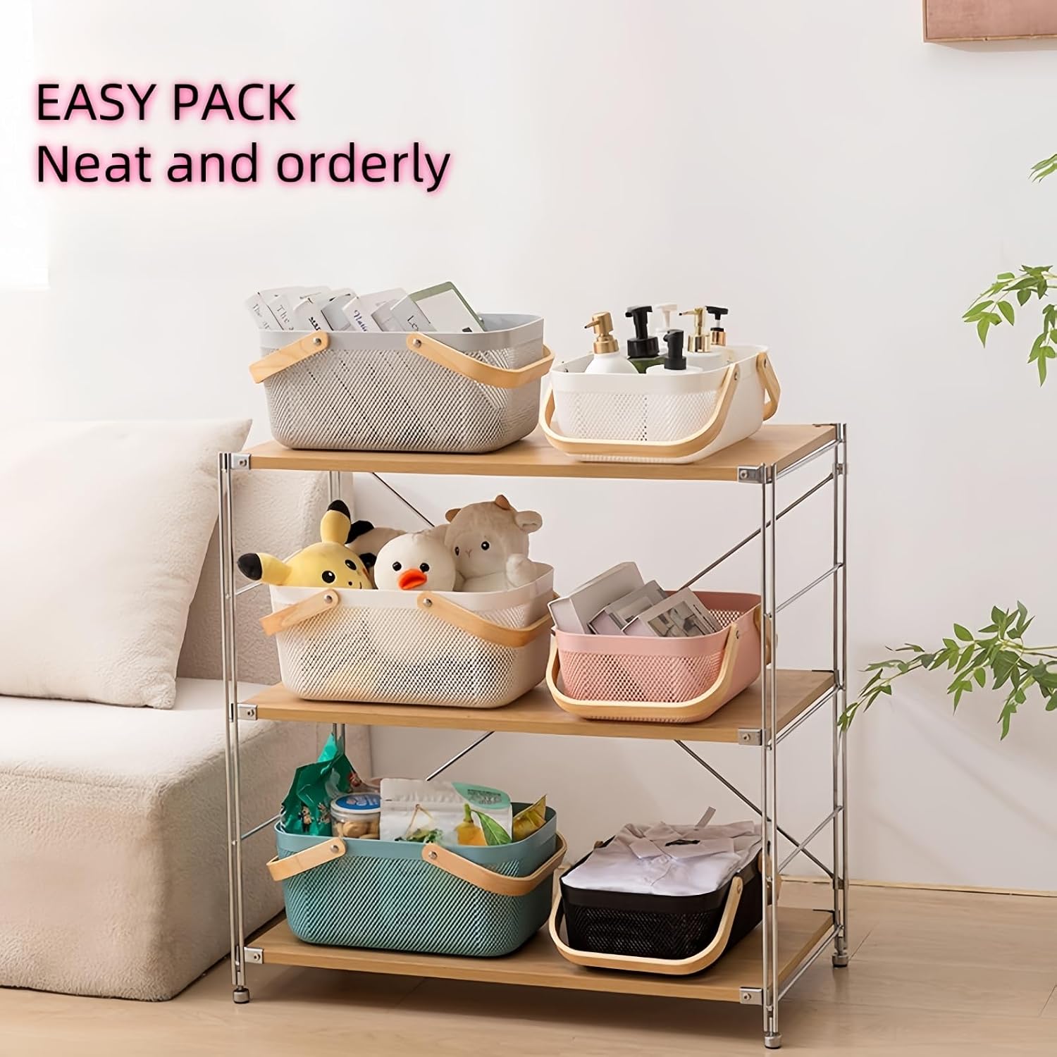 3pcs Collapsible Wooden Handle Plastic Harvest Basket - Rectangular Garden Storage Basket for Picking and Collecting