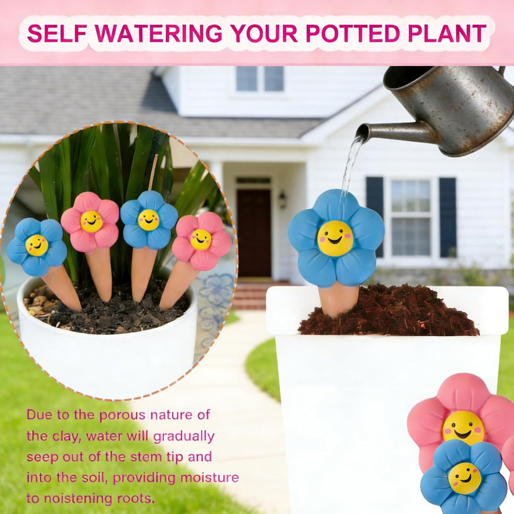 4 Pack Sunflower Self Watering Spikes - Decorative Terracotta Planter Insert for Potted Plants - Automatic Slow Release