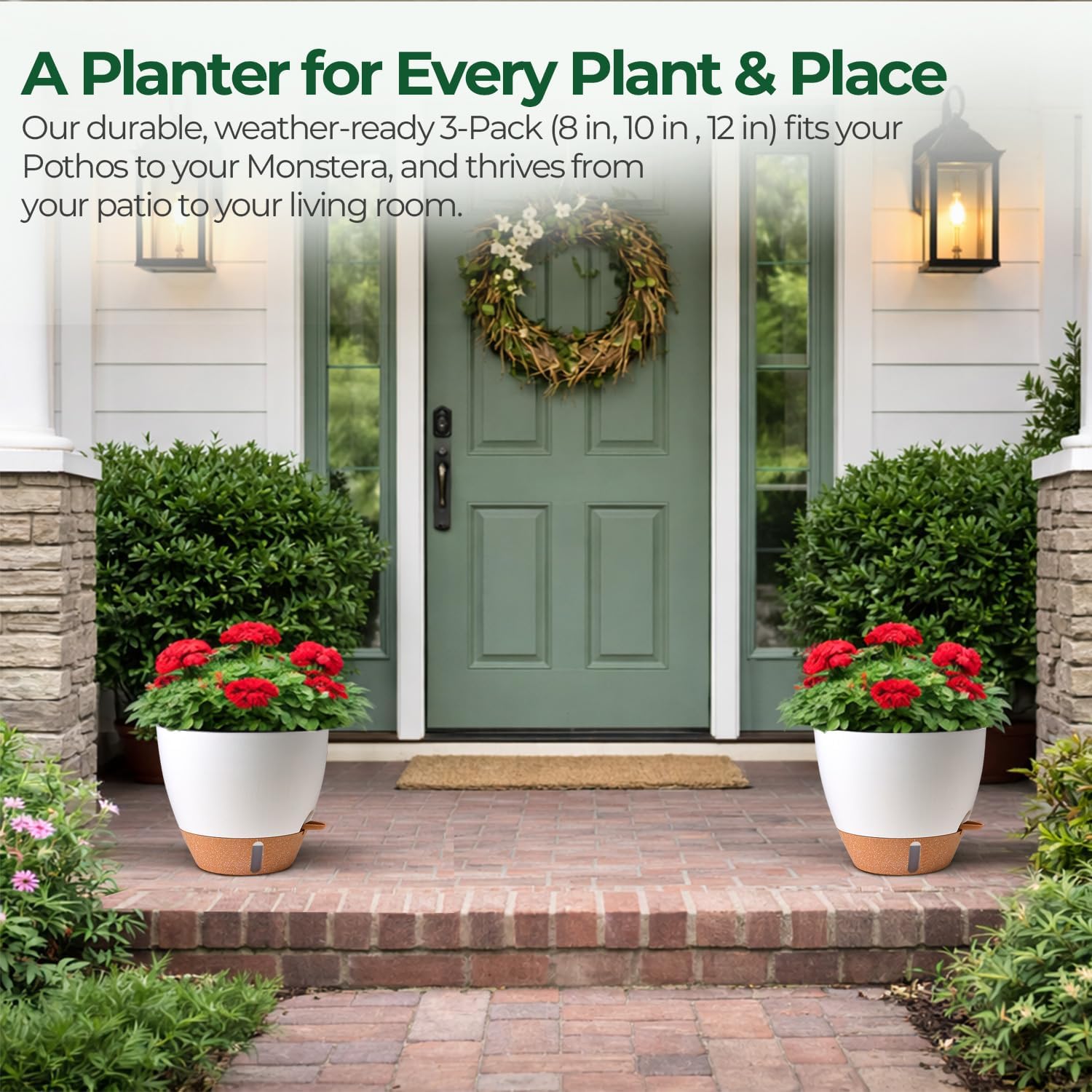 T4U Self Watering Pots for Indoor Plants, 8-12 Inch, 3 Pack, White | Visible water level window, Pothos and monstera