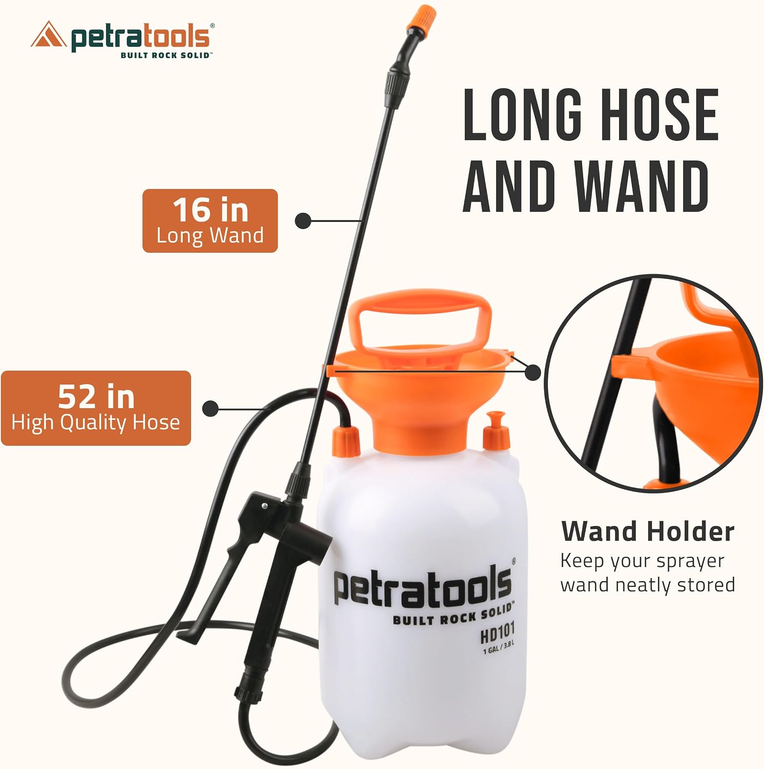 PetraTools HD101 Garden Pump Sprayer, 52-in Long Hose & 2 Nozzles, 1 Gallon | Weed Sprayer 1 Gallon w/ Easy Carry