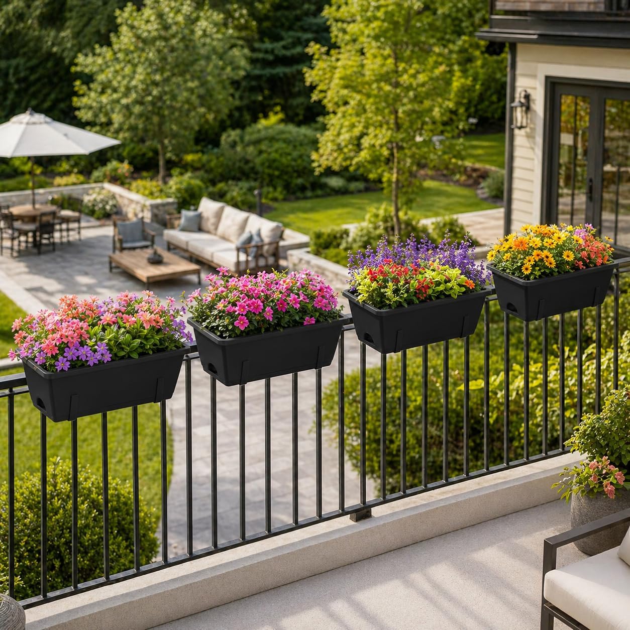 CADUKE Railing Planter Box 4 Pack Window Boxes Planter with Adjustable Brackets 16.9 Inches Deck Railing Hanging Flower