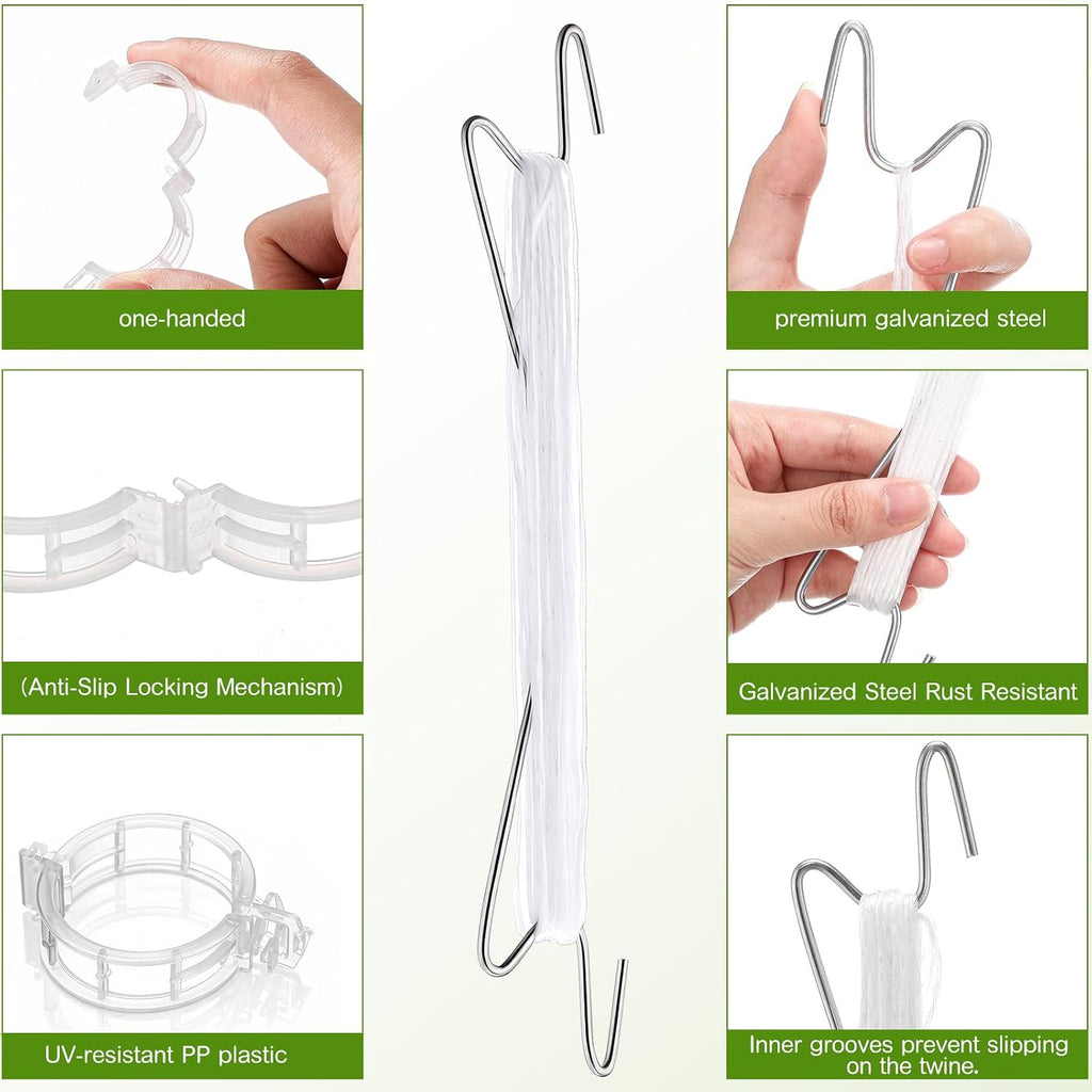 Hushee 100 Pack Tomato Hooks with 200 Garden Clips & 32.8ft String, Tomato Hooks for Climbing Plants, Heavy Duty Plant