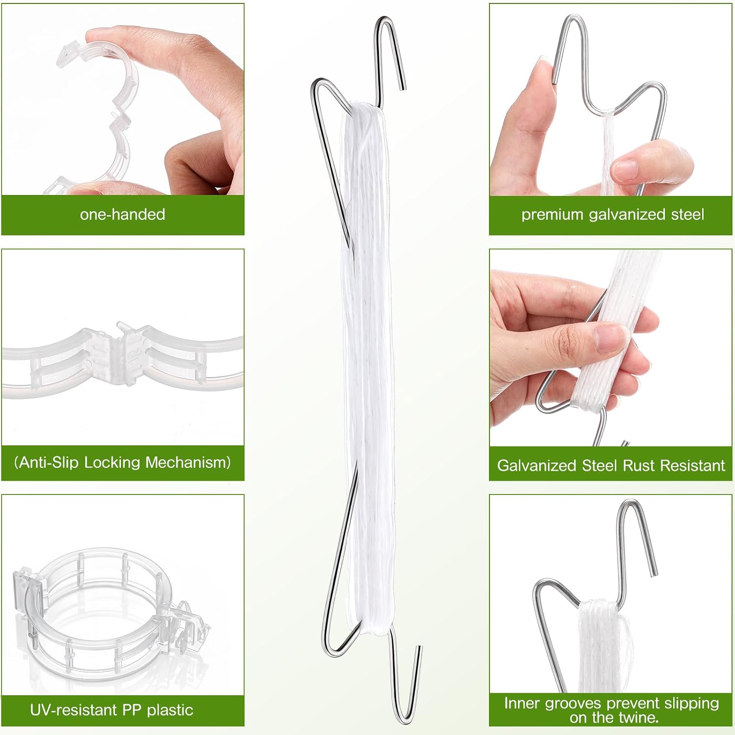 Hushee 100 Pack Tomato Hooks with 200 Garden Clips & 32.8ft String, Tomato Hooks for Climbing Plants, Heavy Duty Plant