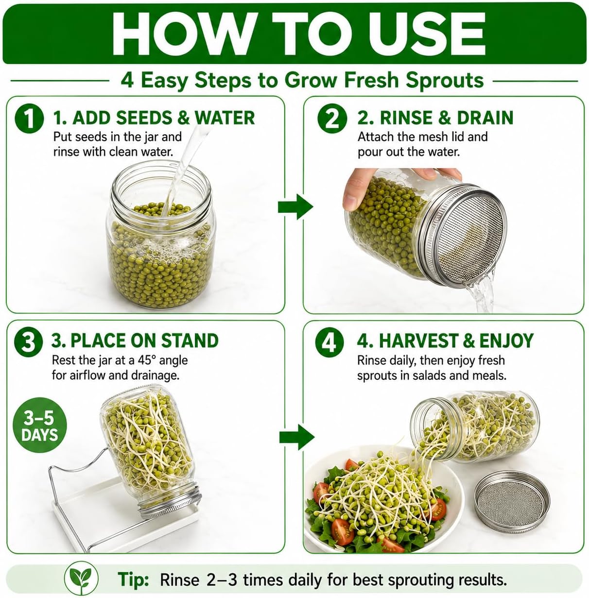 4 Pack Seed Sprouter Jars, 32 oz Wide Mouth Mason Jar Kit | Stainless Steel Mesh Lids, Drip Tray, Blackout Sleeves And