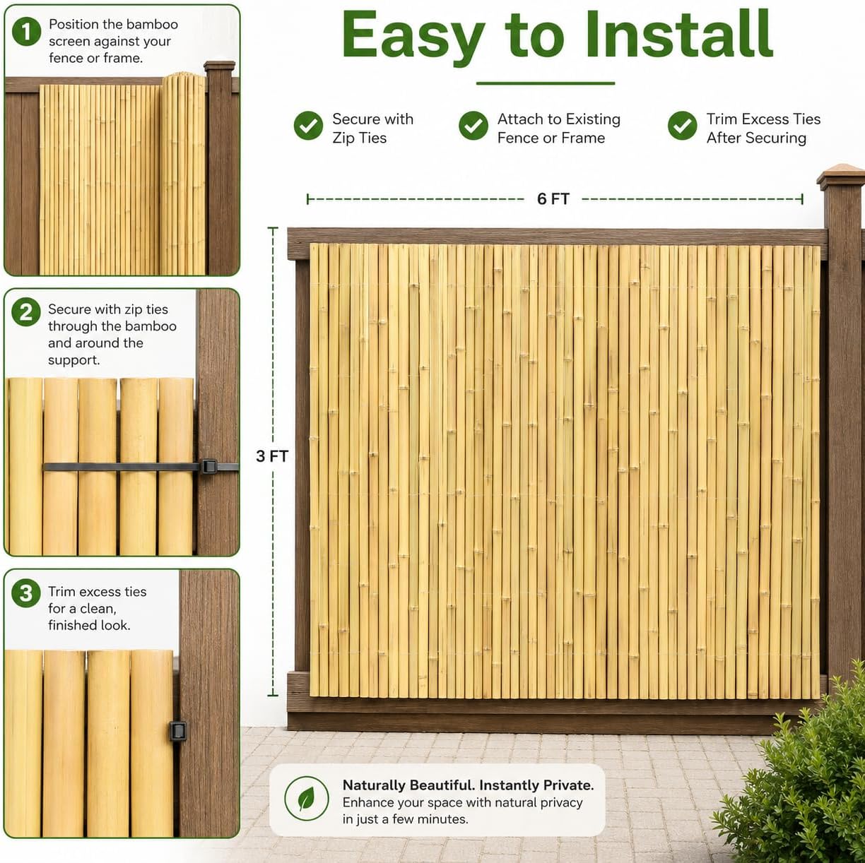 3 x 6FT 0.9-1.1in Large Diameter Bamboo Fence Panel for Garden, Patio, Pool, Balcony & Indoor Divider