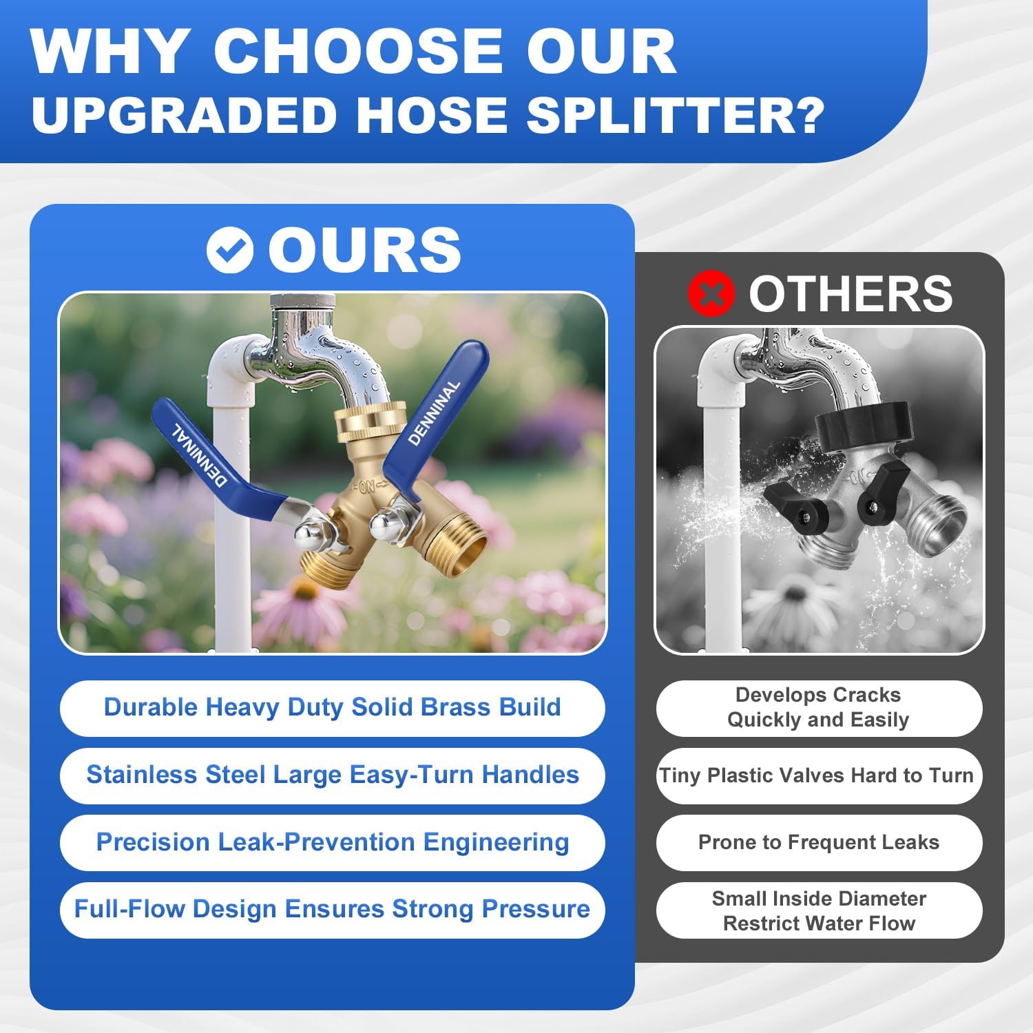 Brass Garden Hose Splitter 2 Way Heavy Duty, Safe Water Hose Splitter with 304 Stainless Steel Long Handle, Outdoor