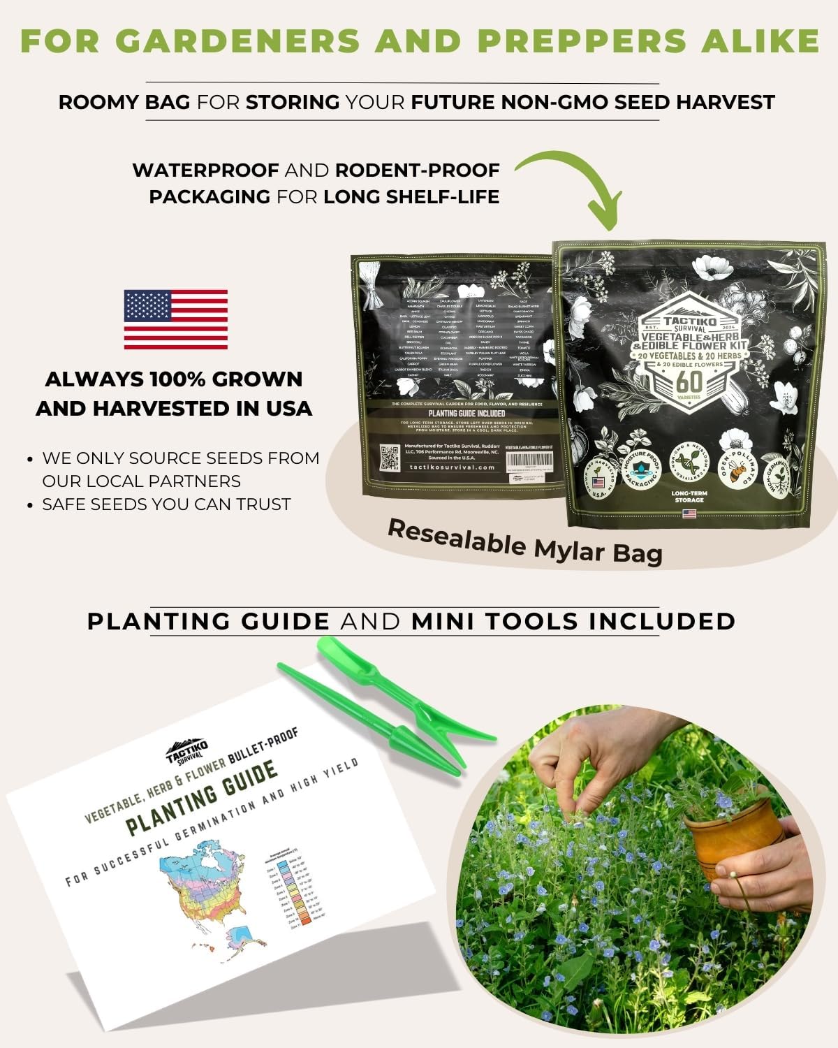 Tactiko Vegetable, Herb & Edible Flower Seeds Kit | 60 Varieties - Non-GMO