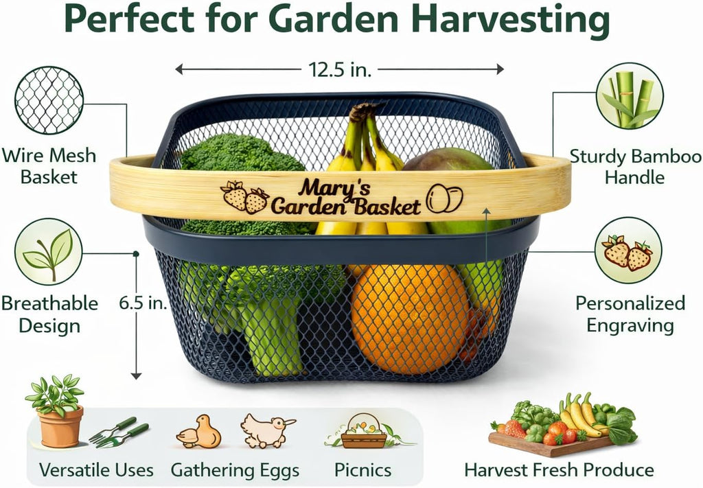Garden Harvest Basket Dark Mesh Vegetable Hod with Bamboo Handle – Personalized Garden Basket for Harvesting Fruits