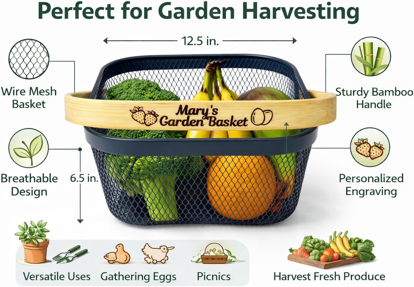 Garden Harvest Basket Dark Mesh Vegetable Hod with Bamboo Handle – Personalized Garden Basket for Harvesting Fruits