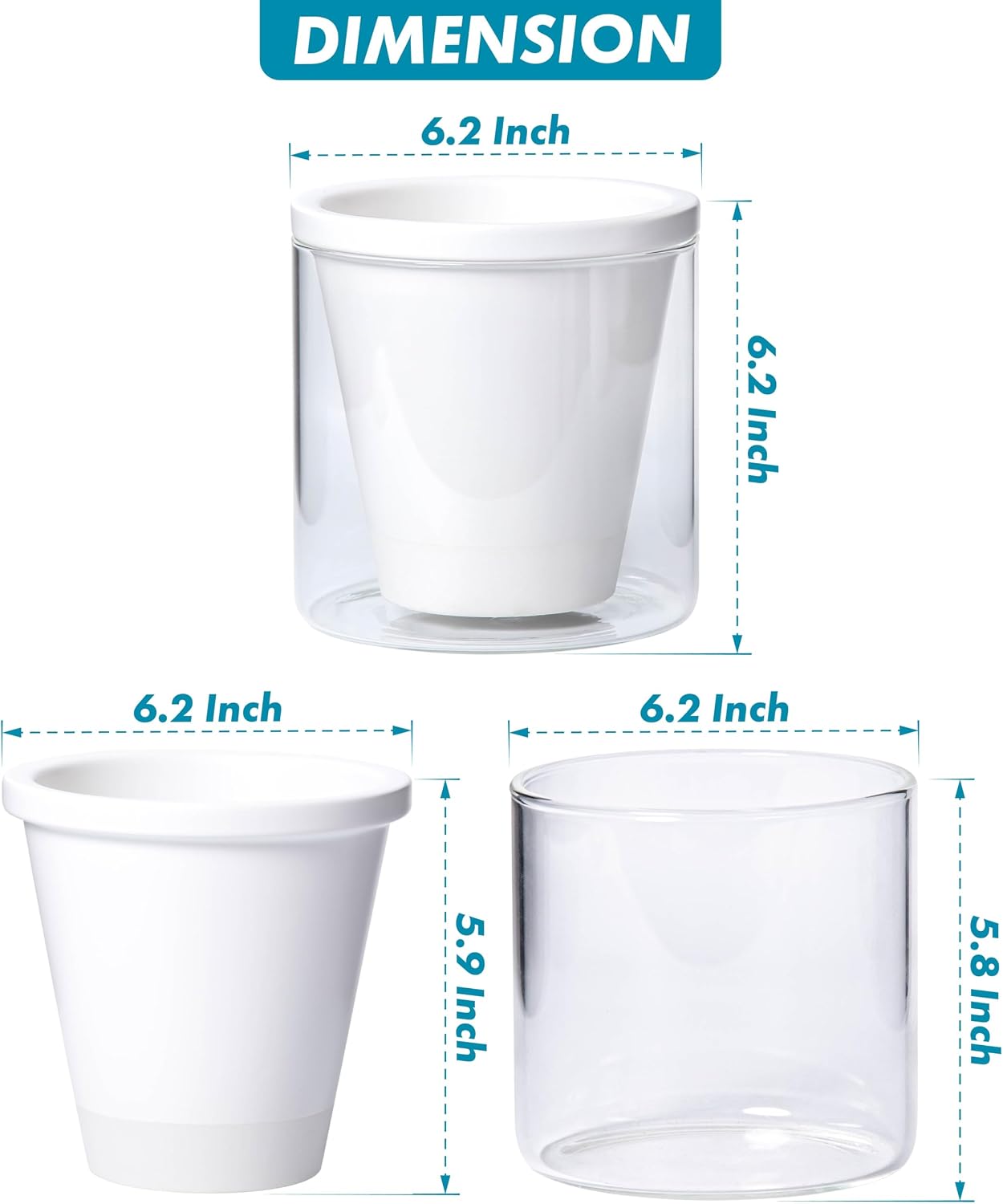 D'vine Dev Self-Watering White Terracotta Planter Pot, 6 in, 37-X-B-2 | Terracotta & Glass Design, Clear Water