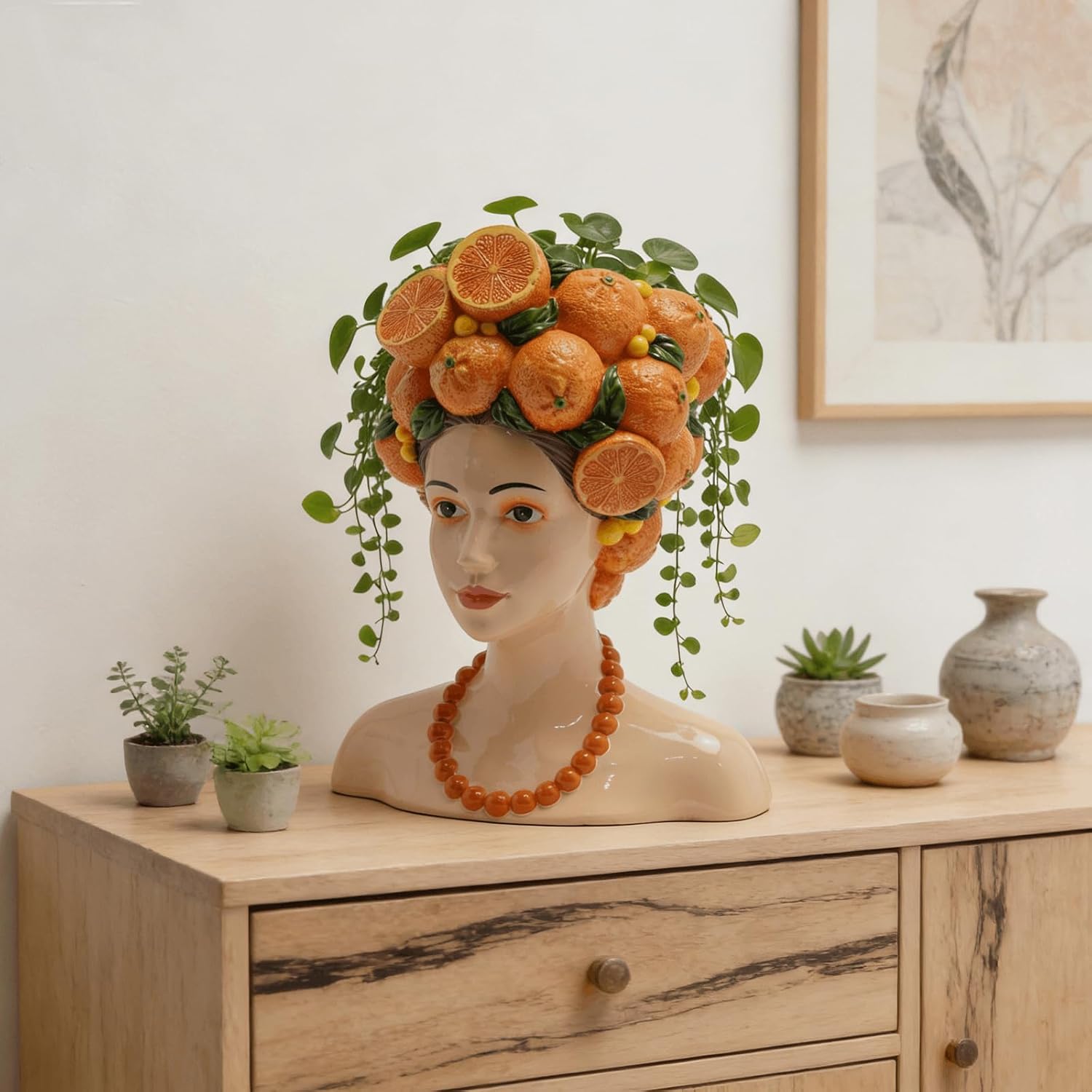 DiliComing Head Planter Succulents Plant Pots - 11 Inch Orange Resin Lady Face Planters for Outdoor Indoor Plants