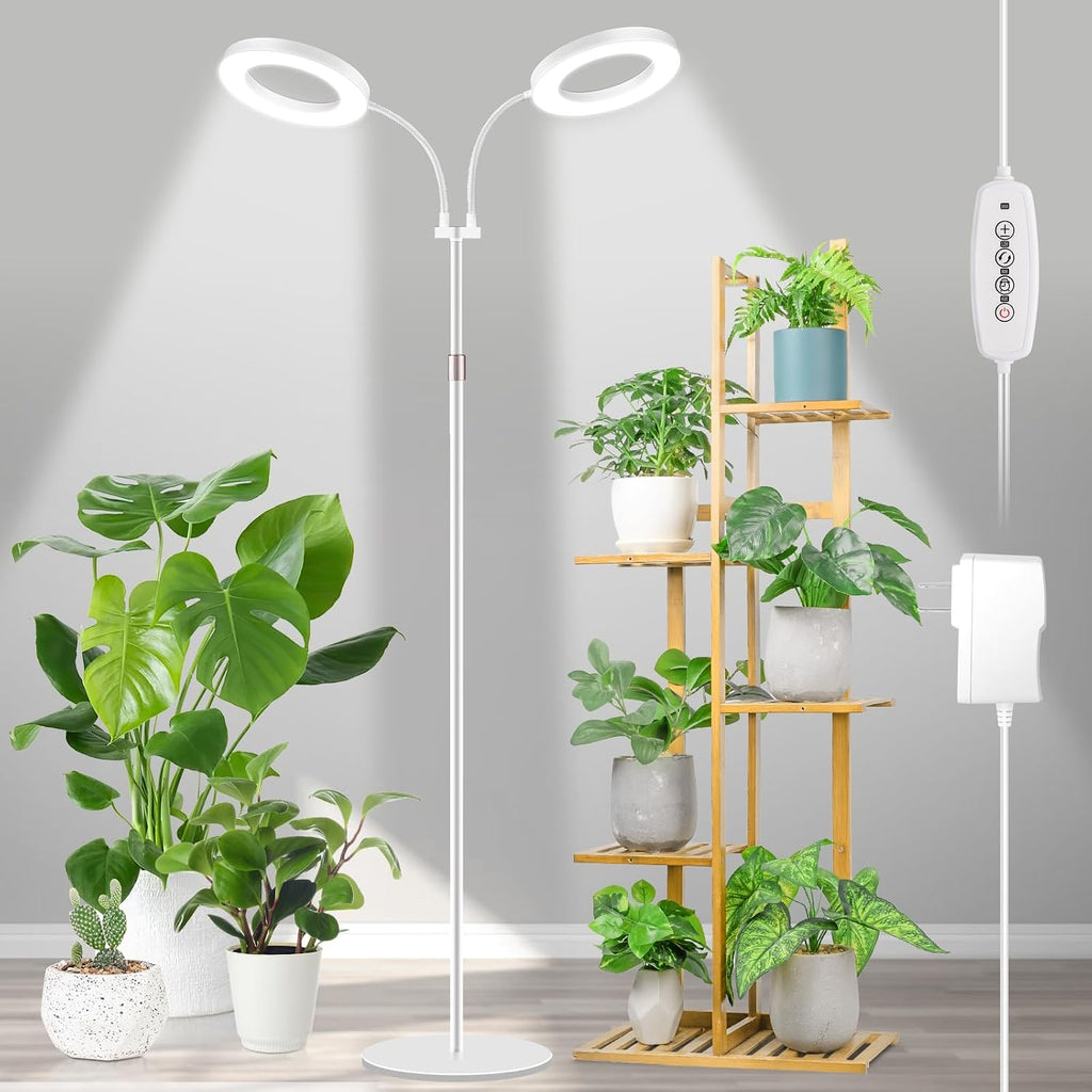 LBW Dual Head Grow Light with Stand for Indoor Plants, Full Spectrum Grow Light for Multiple Tall Plants, Adjustable Height up to 68", Auto Cycle Timer 6/8/12/16H, 5-Level Dimmable, 3 Lighting Modes