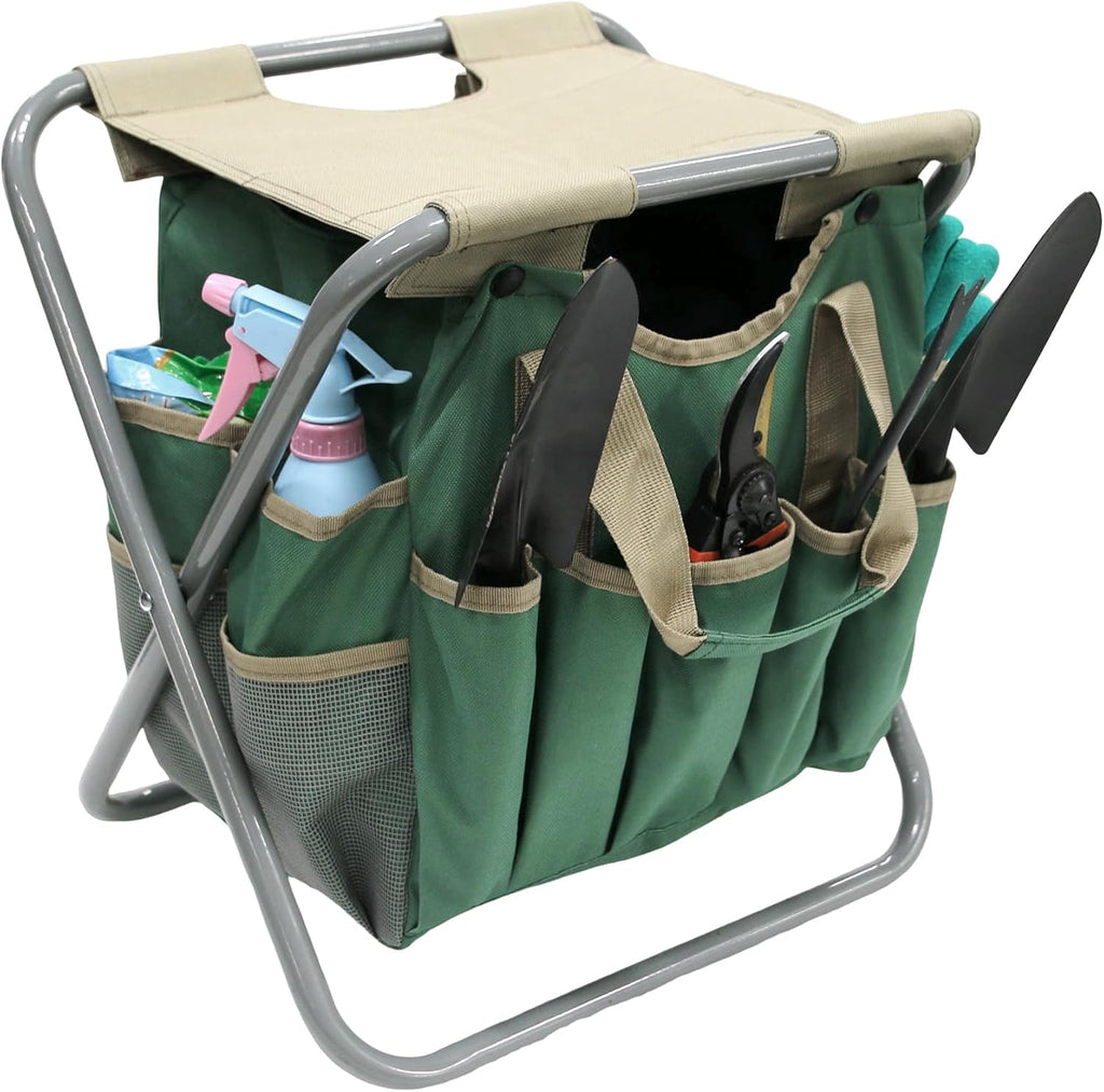 Folding Gardening Stool with Detachable Storage Tote Bag, Gardening Tools Set Organizer for Fishing Outdoor Sports