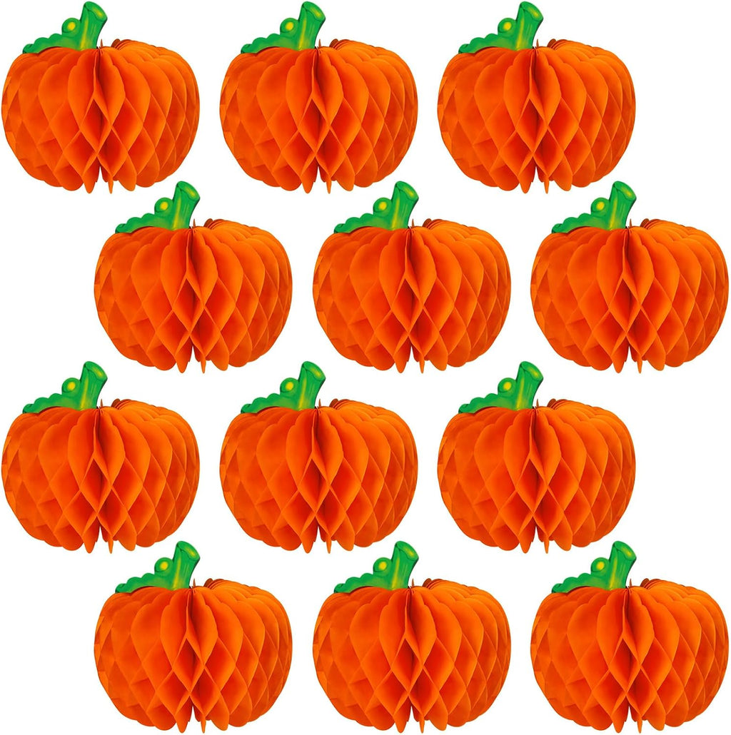 12 Pcs Pumpkin Centerpieces for Tables, 10 Inch Thanksgiving 3D Honeycomb Tissue Balls Fall Paper Hanging Pumpkin Decorations for Halloween Thanksgiving Harvest Party Decor