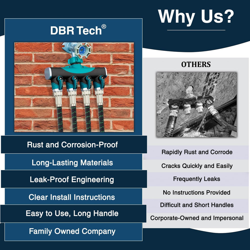 DBR Tech® 4 Way Hose Splitter (Superior Durability), Premium Garden Hoses Connector, 4 Way Heavy Duty Water Valve for