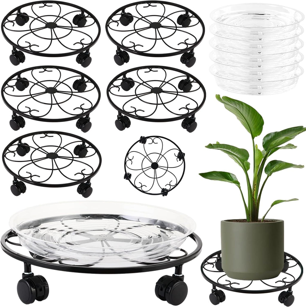 5 Packs 13 inches Large Metal Plant Caddy with Wheels Round Planter Dolly Pot Mover Rollers Wrought Iron Rolling Plant