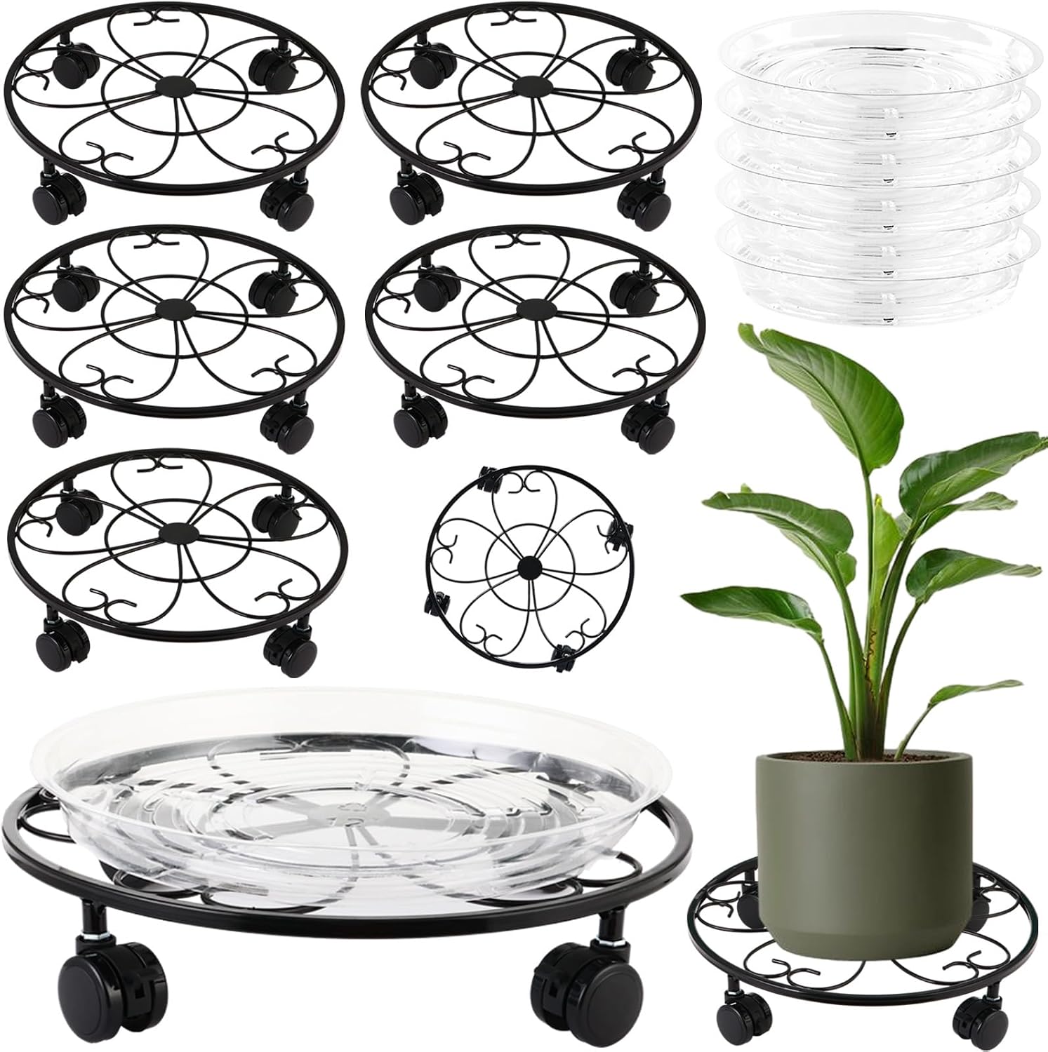 5 Packs 13 inches Large Metal Plant Caddy with Wheels Round Planter Dolly Pot Mover Rollers Wrought Iron Rolling Plant