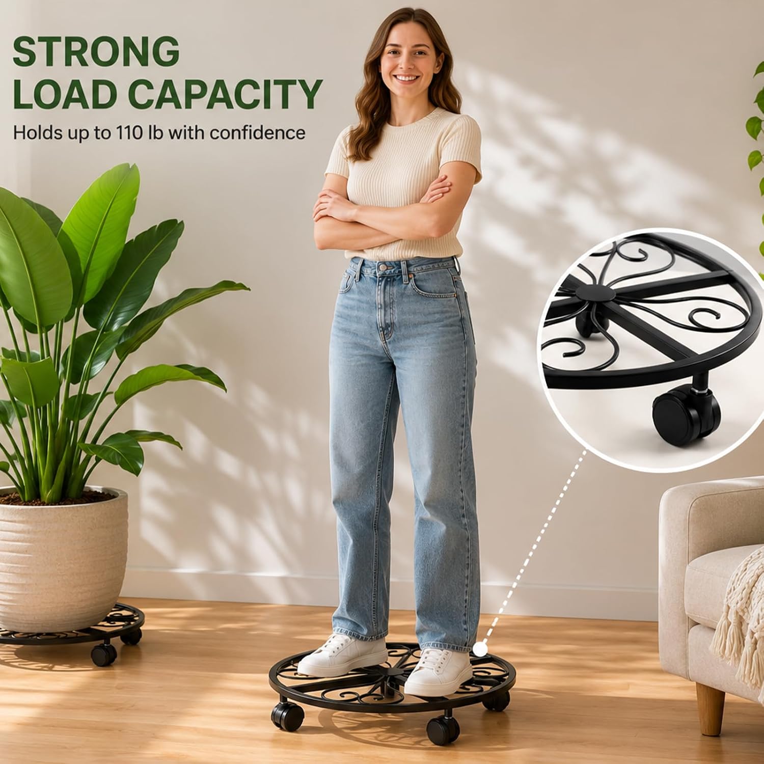 6 Pack Metal Plant Caddy with Wheels, 16 Inch Large Plant Stand with Wheels Heavy Duty Wrought Iron Rolling Plant Caddy