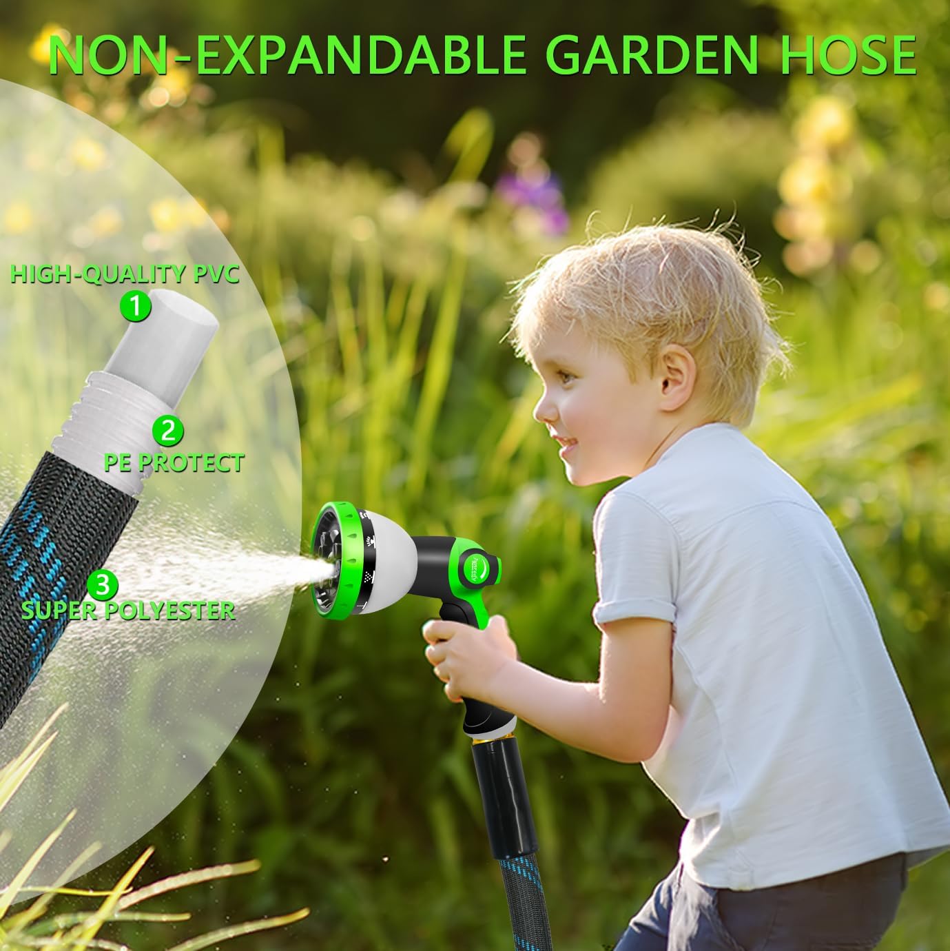Junredy Garden Hose 50 FT, NON-EXPANDABLE Heavy-Duty Flexible & Lightweight Water Hose with 10-Function Nozzle