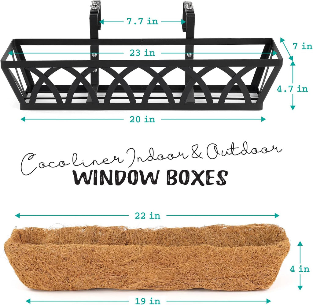 24" Hanging Window Box Basket w/Coco Liner, Black, 4-Pack | Coco Liner, Outdoor Balcony Porch Fence Patio, Home, Office