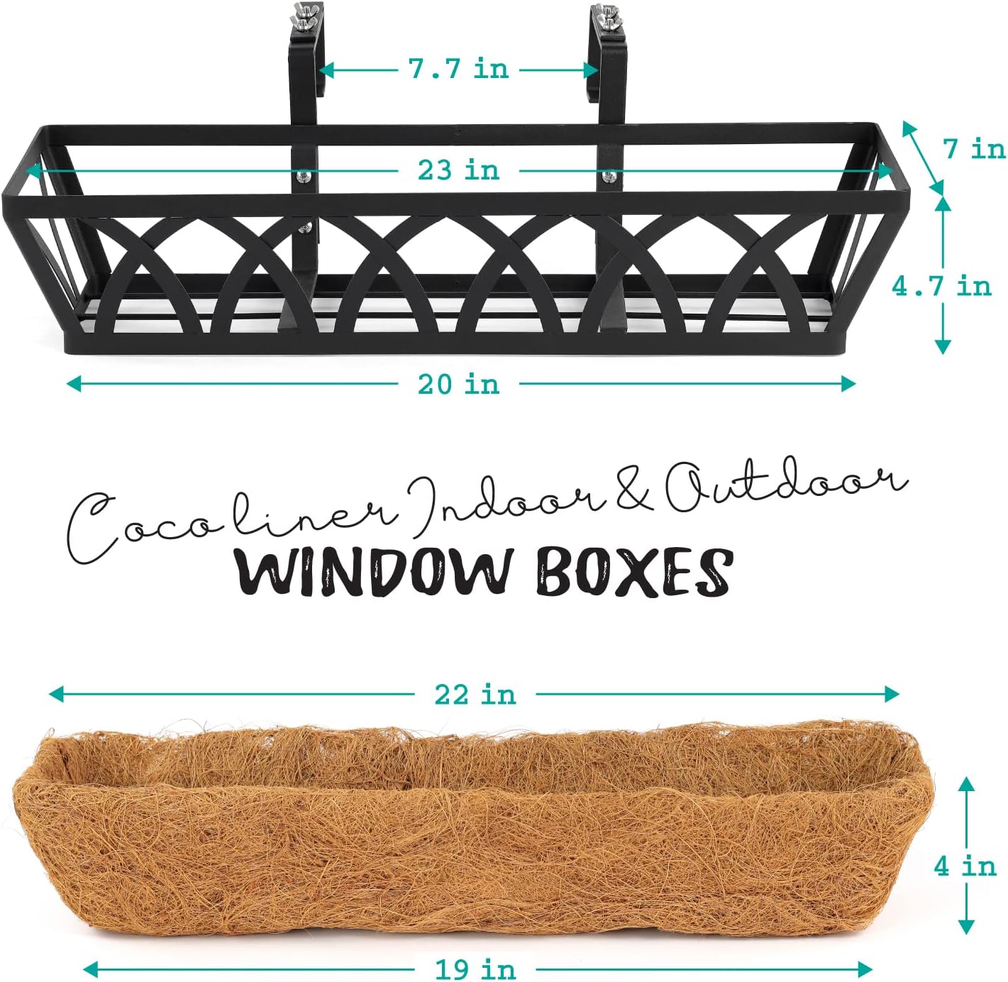 24" Hanging Window Box Basket w/Coco Liner, Black, 4-Pack | Coco Liner, Outdoor Balcony Porch Fence Patio, Home, Office