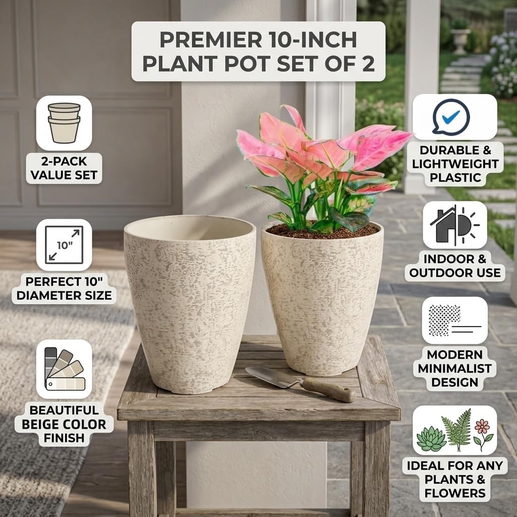 10 inch Garden Planter Lightweight Indoor Outdoor Pots with Drainage Hole for Potted Plants Flowers Greenery, Set of 2