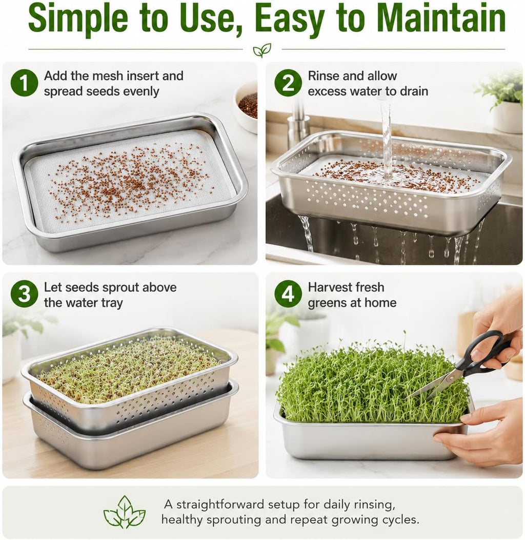 2 Pack Stainless Steel Seed Sprouter Tray Kit with Mesh Inserts | Raised drainage design supports cleaner rinsing, even