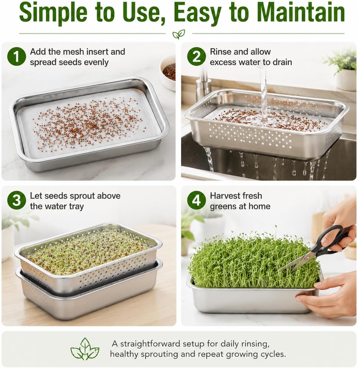 2 Pack Stainless Steel Seed Sprouter Tray Kit with Mesh Inserts | Raised drainage design supports cleaner rinsing, even