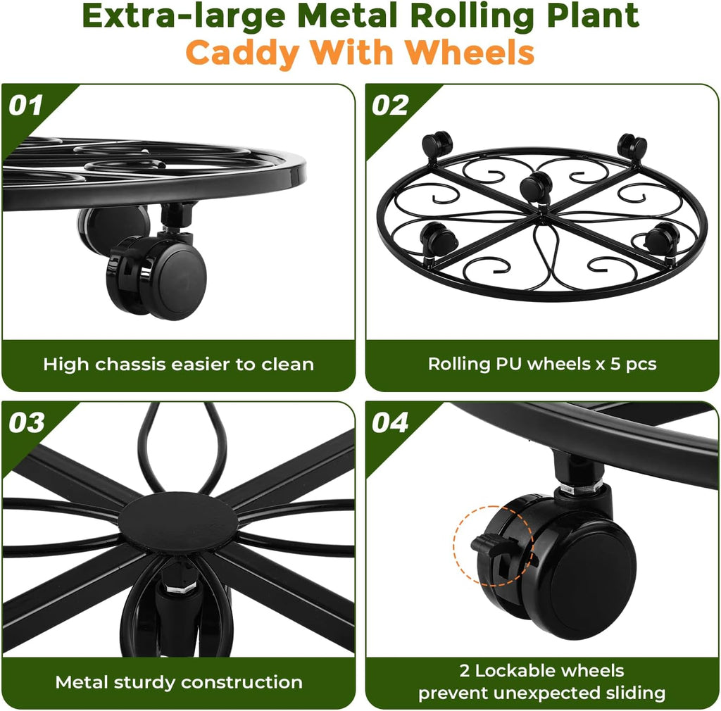 3 Packs 18” Plant Caddy with Wheels Metal Plant Stand on Wheels for Indoor and Outdoor Plants Rolling Plant Stand with