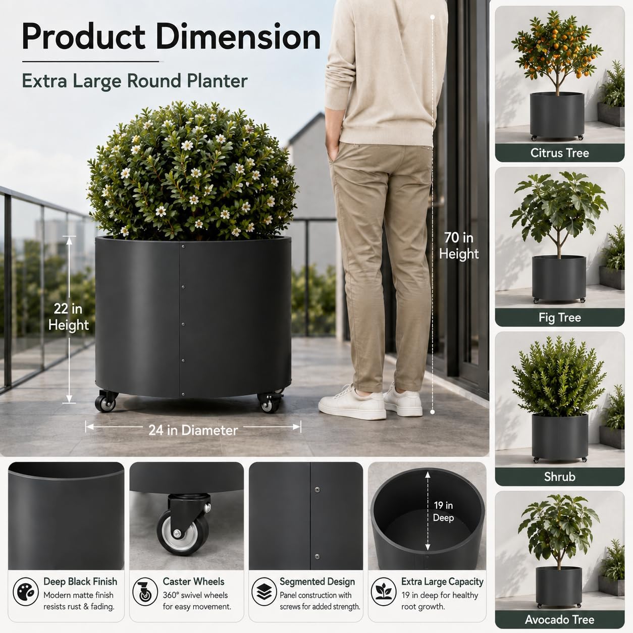 2 Pack Rolling Planter for Tree,Large Metal Tree Pots for Outdoor | 22"x 24" Round Planter Box with 4 Drainage Holes &