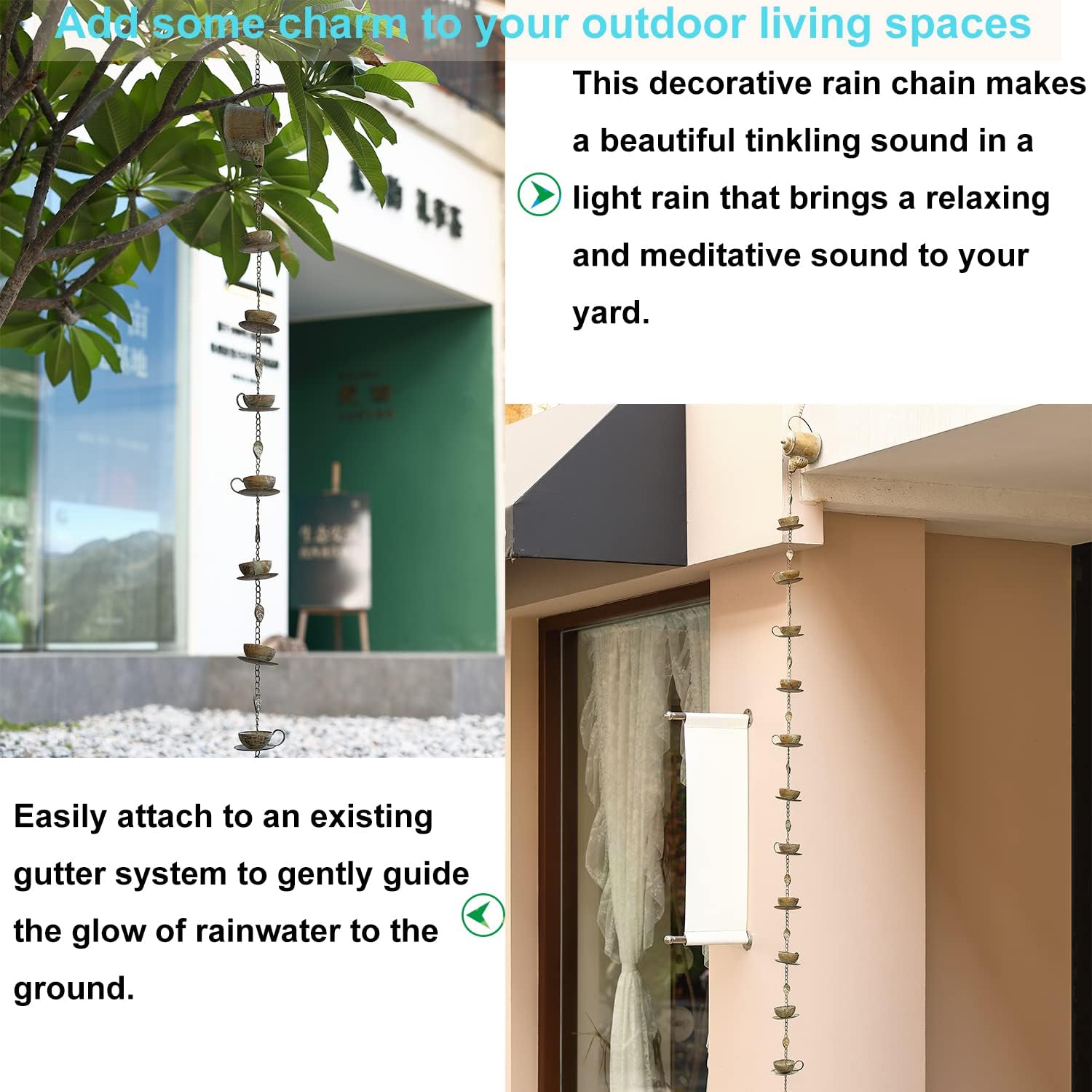 Jemeni 8.5Ft Teapot & Teacups Rain Chain, Rain Chains for Outside | Rain Chain for Gutters, Decorative Downspout
