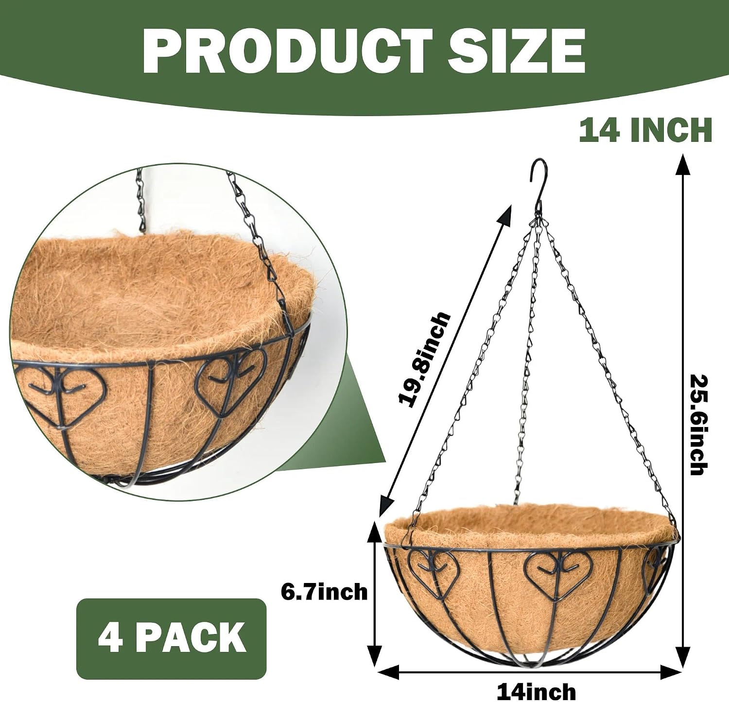4 Pack 14 Inch Hanging Metal Planters for Outdoor Plants, Modern Black Solid Rectangular Hanging Baskets with Coco Coir
