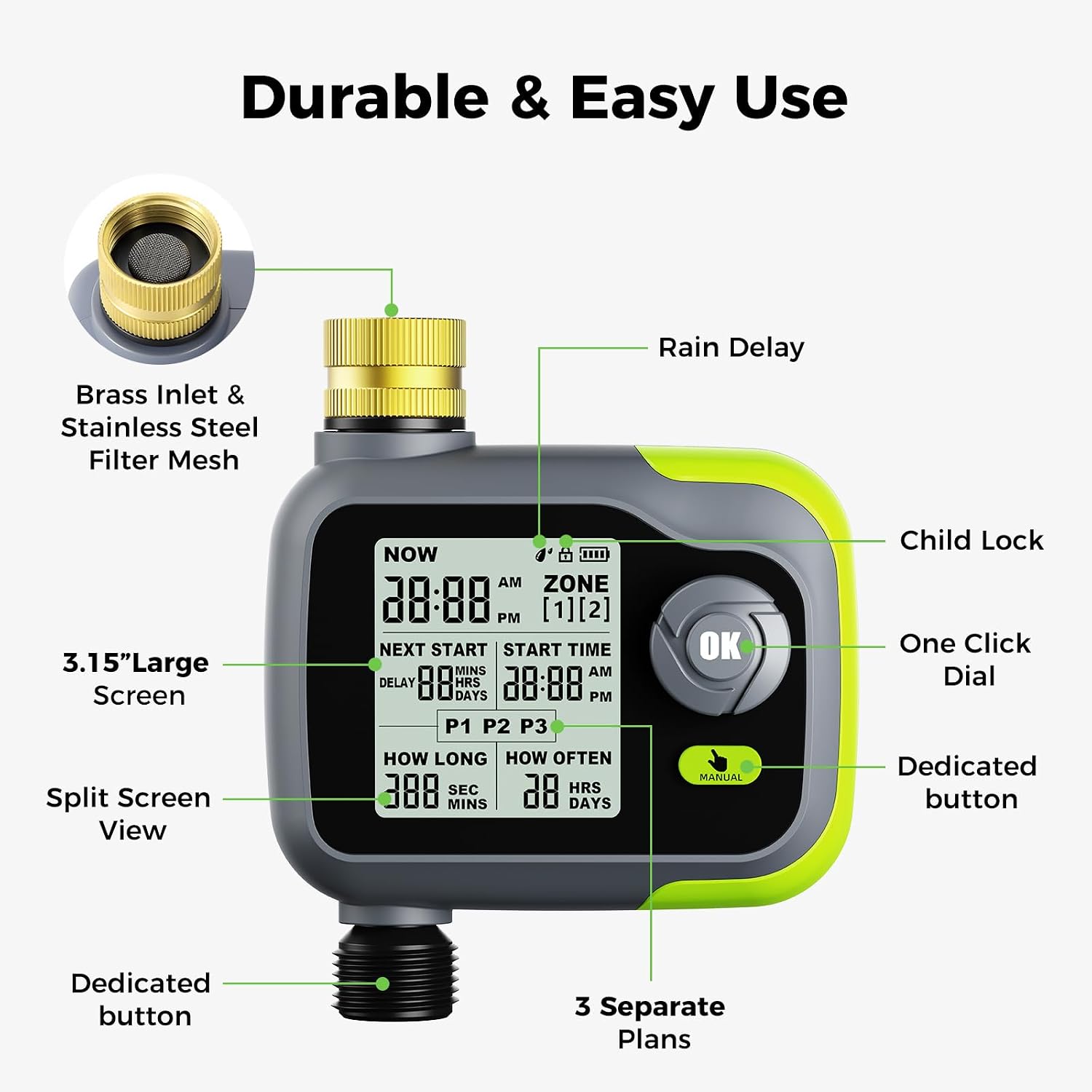 Sprinkler Timer, Watering Timer for Garden Hose, Programmable Hose Faucet Timers w/Rain Delay, Outdoor Soaker