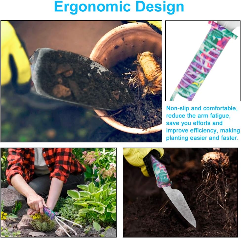 Jhua Garden Tool Set, 10 Pieces Gardening Tools Kit with Purple Flower Print, Ergonomic Handle Trowel Rake Weeder
