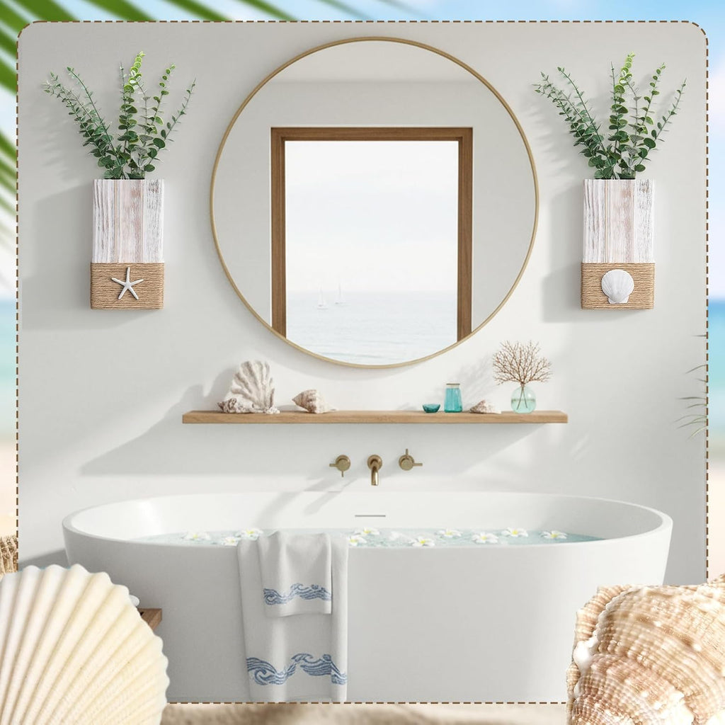 AceOrbit 2 Pcs Beach Rustic Wood Wall Planter Vase Beach Room Decor Nautical Coastal Farmhouse Wall Hanging Decor