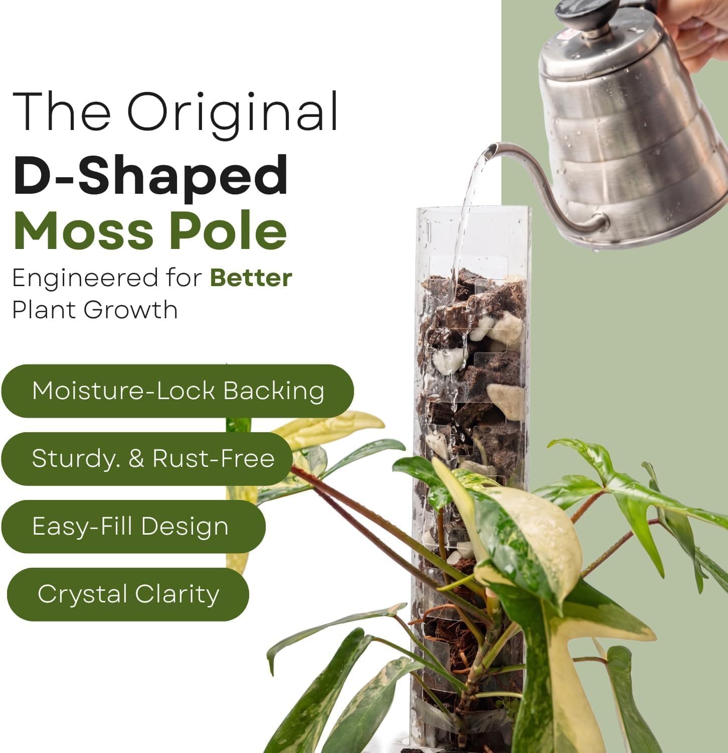V2 GrowPole Small 10 Pcs – Original D-Shape Moss Pole for Climbing Plants, Moisture-Locking Closed Back, Stackable
