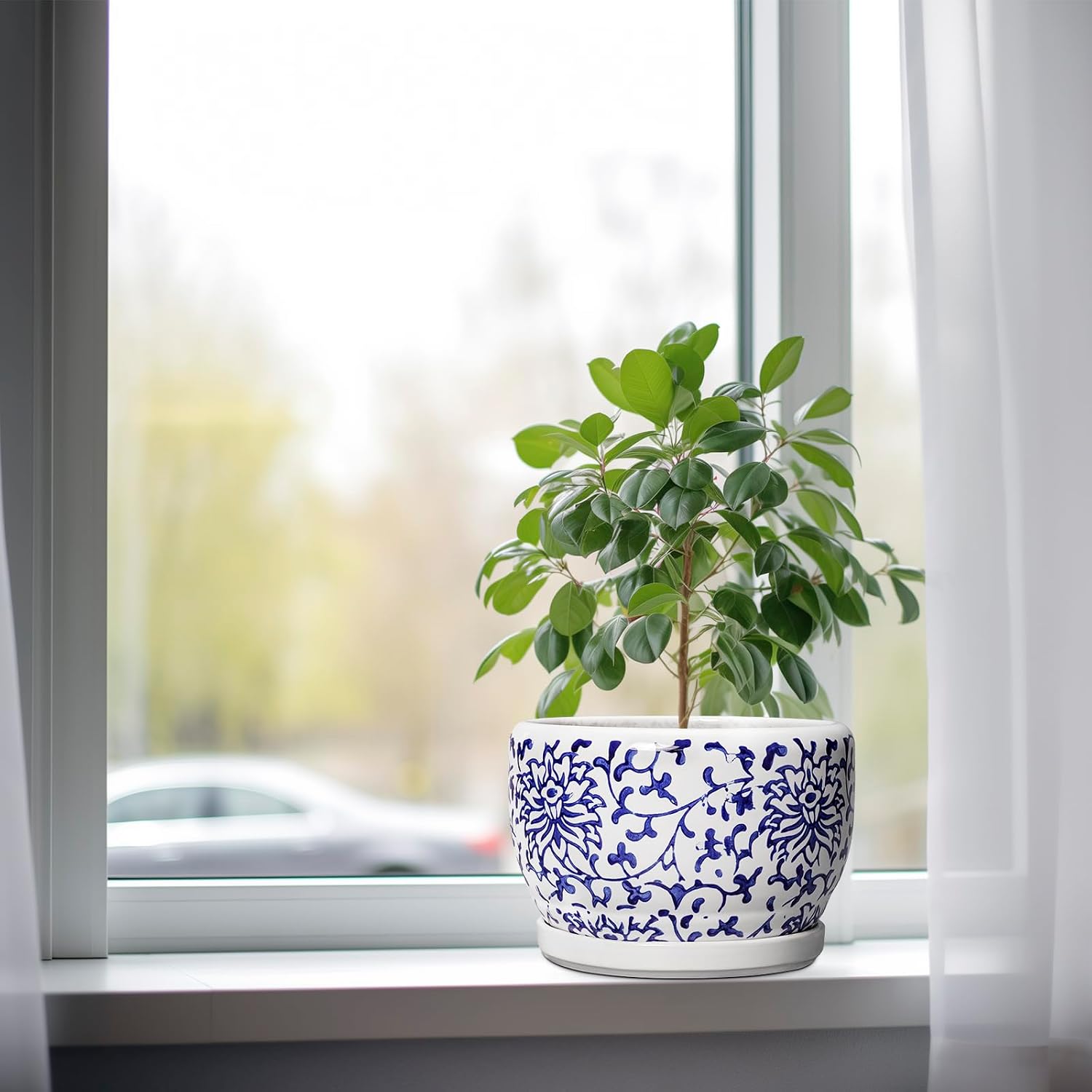 SQOWL Ceramic Pots for Plants - 8 inch Ceramic Planter with Drainage Hole and Saucer, Round Flower Pots for Indoor