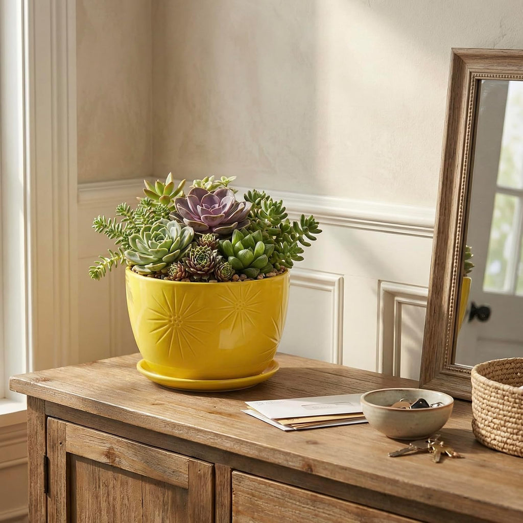 MyGift 7 Inch Yellow Ceramic Planter Pot with Sunburst Design & Saucer | Bright tabletop planter features a textured