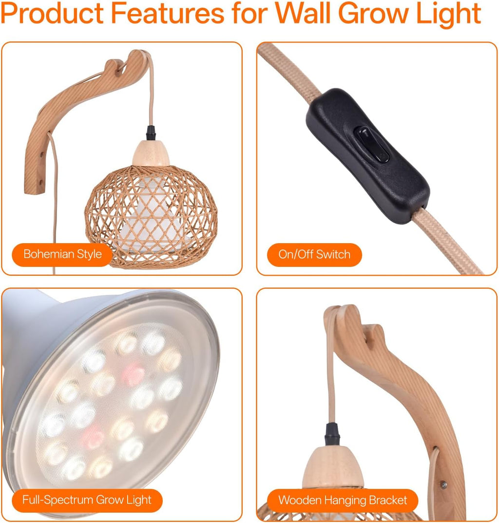 Hanging Grow Lights for Indoor Plants,3800K | 18W Wall-Mounted Decorative Grow Light with Boho Rattan Lantern Shade