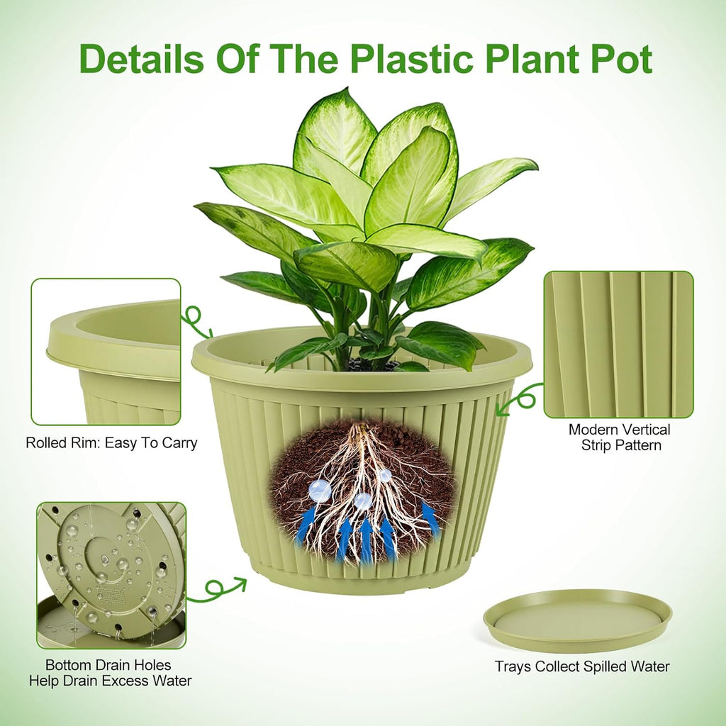 10-inch-Planters-for-Outdoor-Plant，Plastic Indoor Flower Pots with Drainage Holes & Saucer，4 Packs Decorative Garden