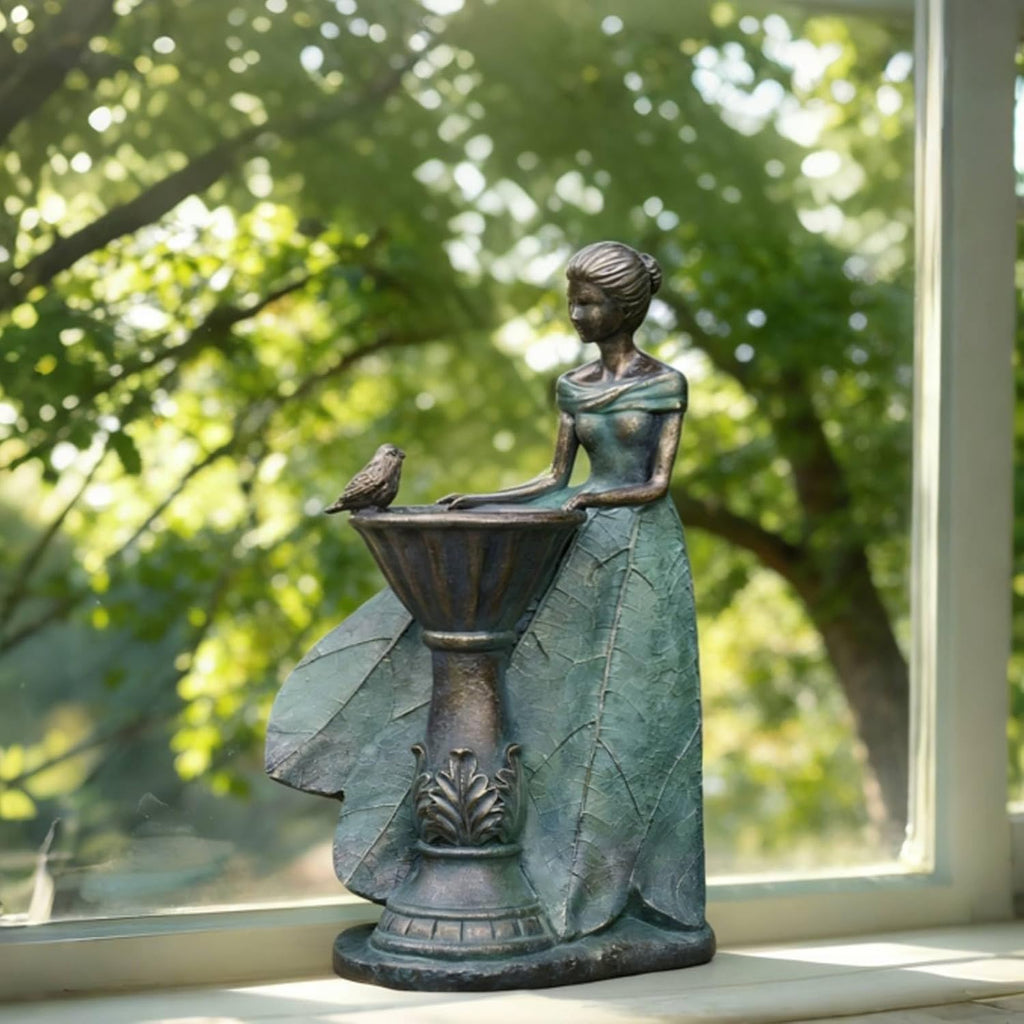 DiliComing Fairy Outdoor Statue Garden Decor with Solar Birdbath 12 Inch | Resin Leaf Girls Birdbath Sculpture
