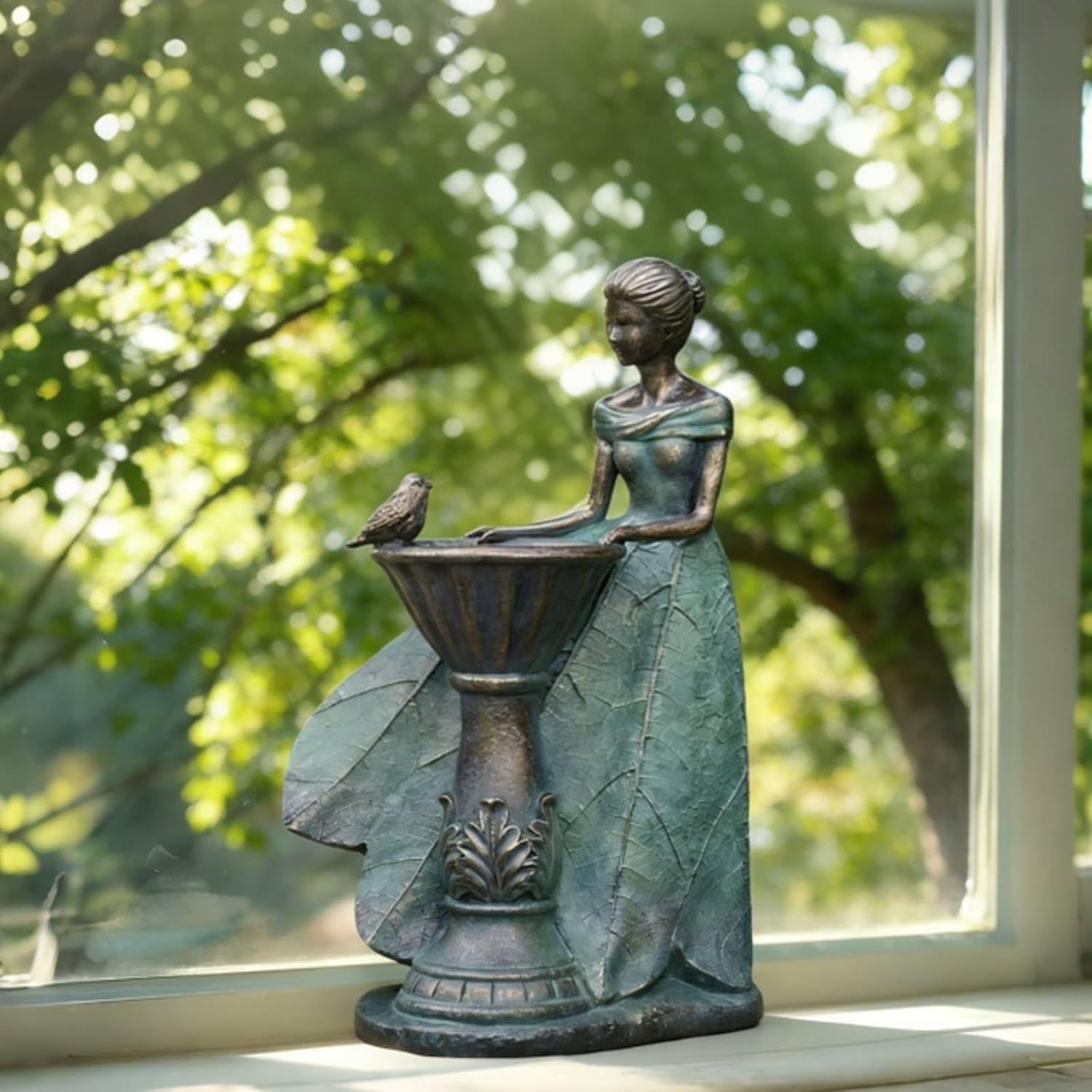 DiliComing Fairy Outdoor Statue Garden Decor with Solar Birdbath 12 Inch | Resin Leaf Girls Birdbath Sculpture