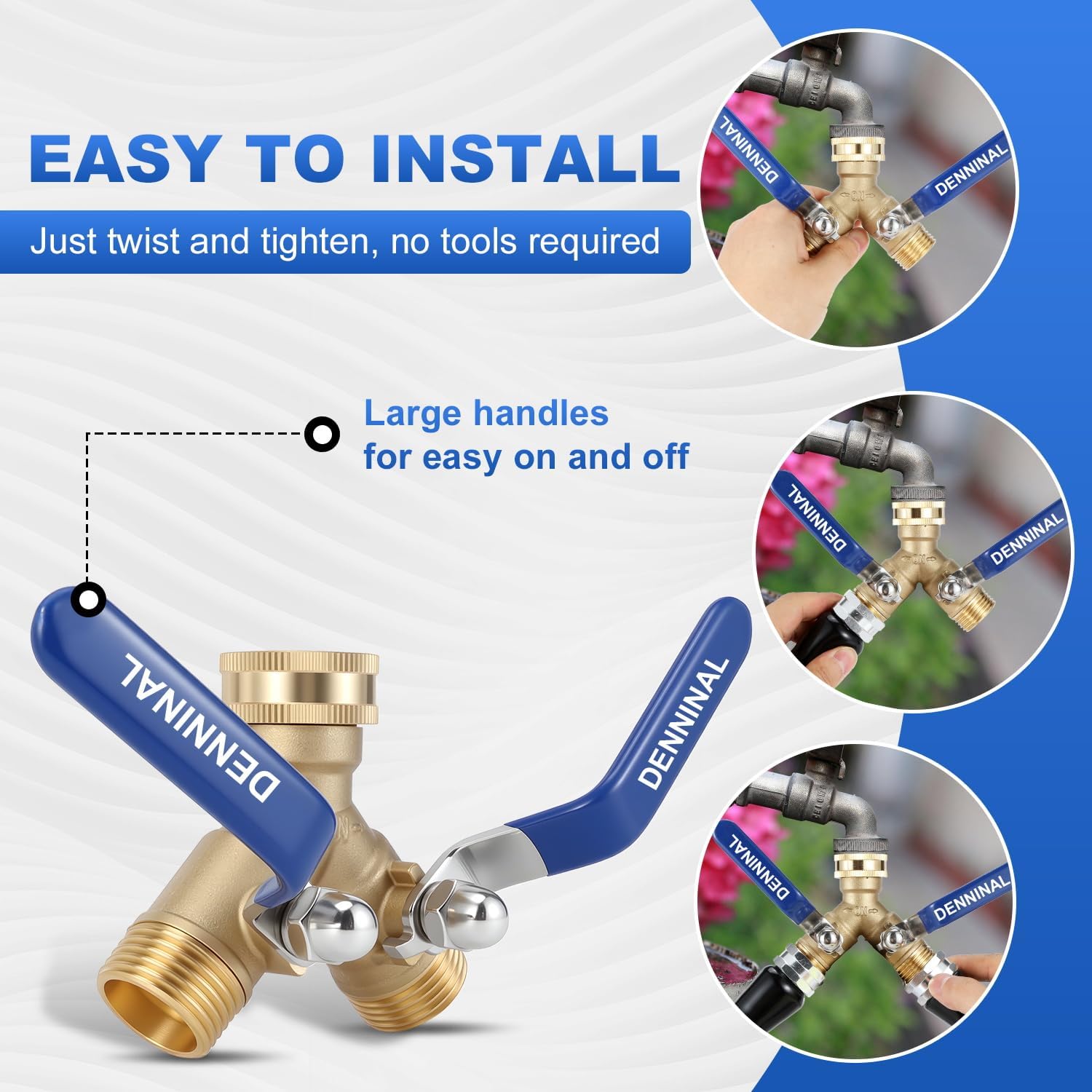 Brass Garden Hose Splitter 2 Way Heavy Duty, Safe Water Hose Splitter with 304 Stainless Steel Long Handle, Outdoor