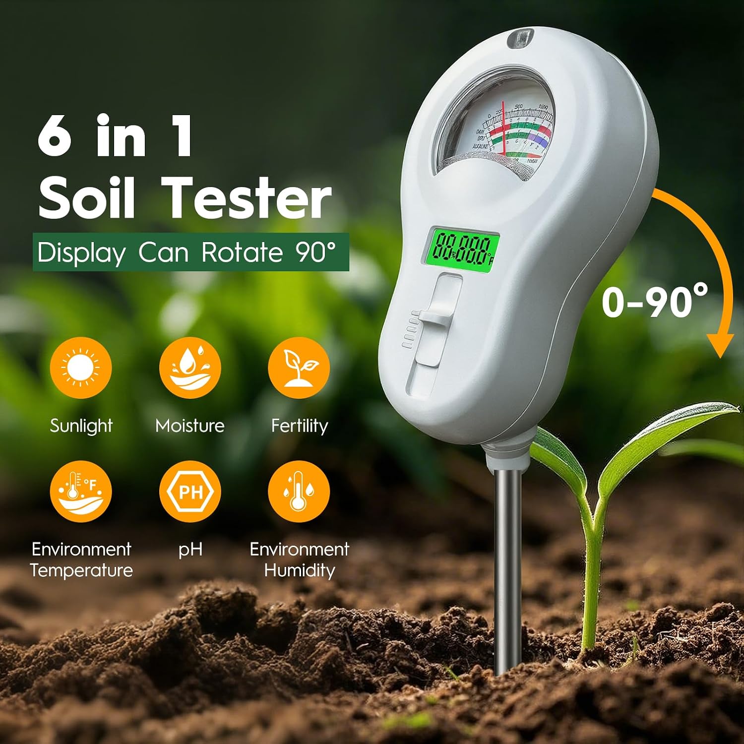 6-in-one Soil Test Kit-Soil Moisture Meter/PH Meter/Fertility/Sunlight Intensity Soil Tester, LCD Air
