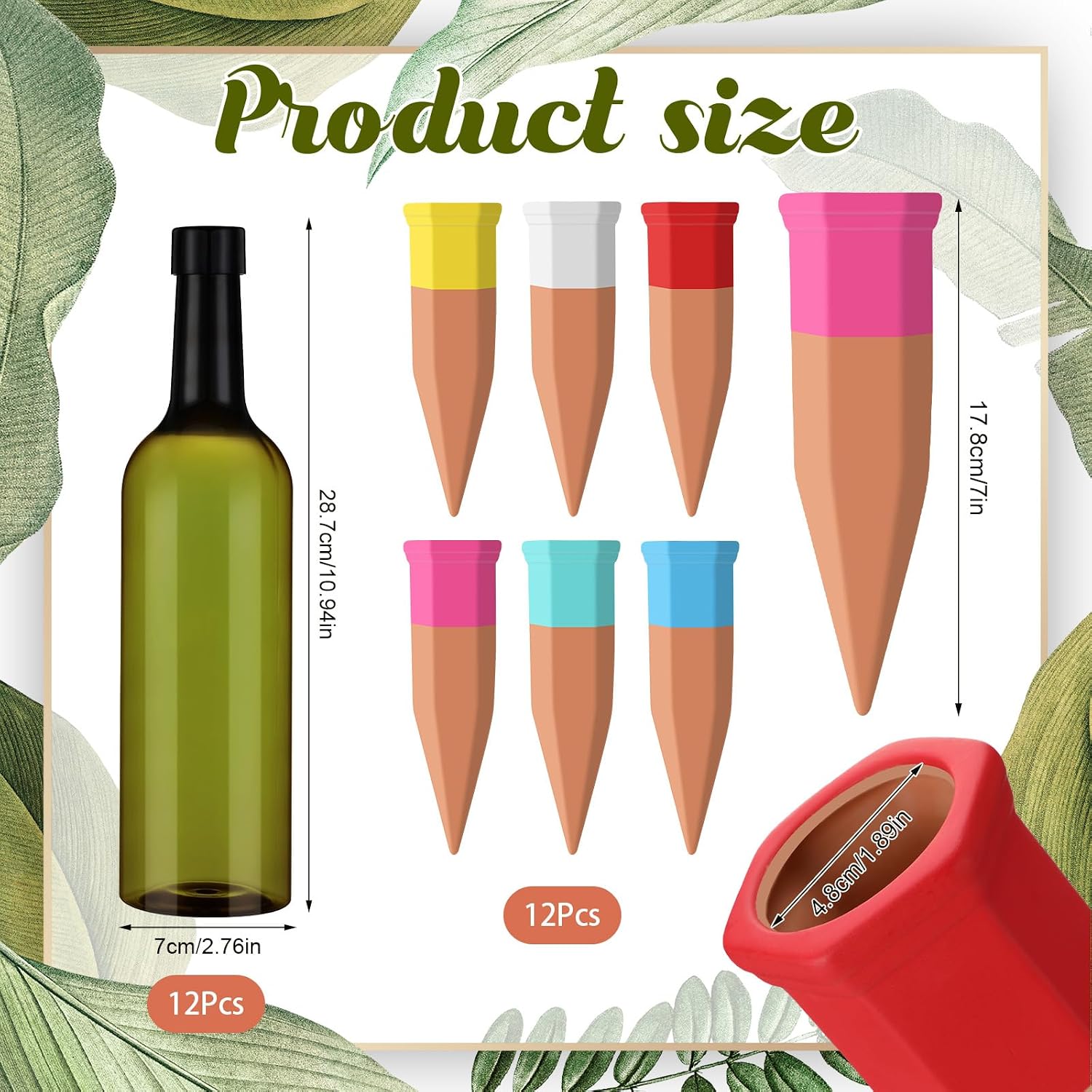 SiliFine 12 Sets Terracotta Watering Spikes,Green and Mixed Color | 26 oz Bottles for Slow Release Watering, Self