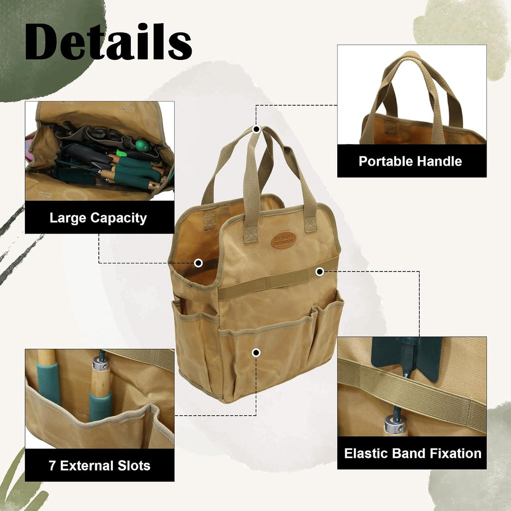 Waxed Canvas Utility Tote Bag, Large Capacity Multi-Pocket Garden Tool Bag, Heavy Duty Waterproof Work Tote for