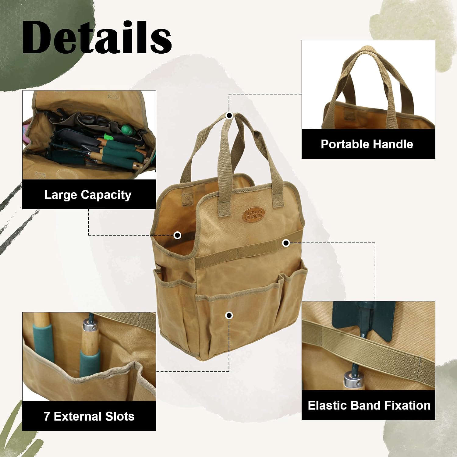 Waxed Canvas Utility Tote Bag, Large Capacity Multi-Pocket Garden Tool Bag, Heavy Duty Waterproof Work Tote for