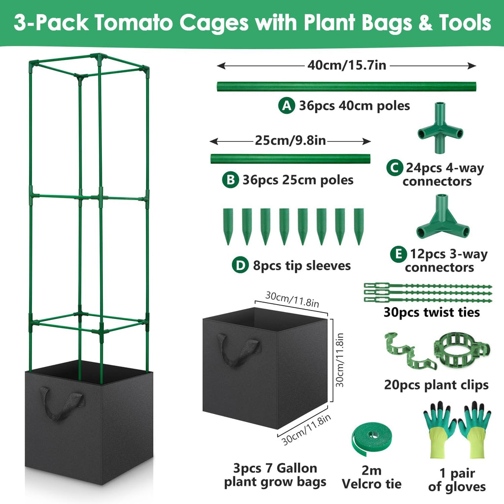 3 Pack Tomato Cages for Garden, Square Tomato Trellis with Grow Bags, 49 IN Tall Heavy Duty Tomato Plant Stakes Support