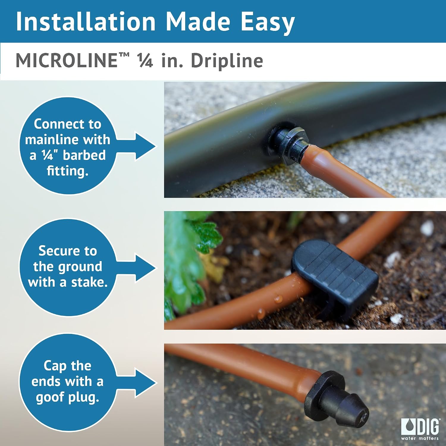 DIG ¼” 100’ MICROLINE™ Dripline - Enhanced 6” Emitter Spacing, UV-Resistant, Perfect for Diverse Garden Layouts (Brown)